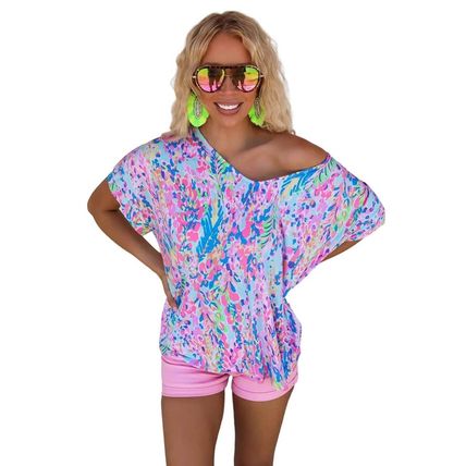 Sky Blue Loose Painted Floral Tee
