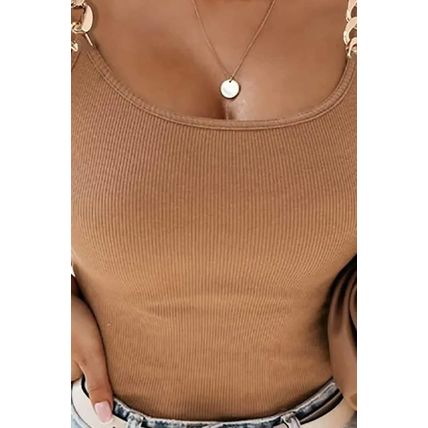 Brown Gold Chain Straps Rib Knit Tank Top