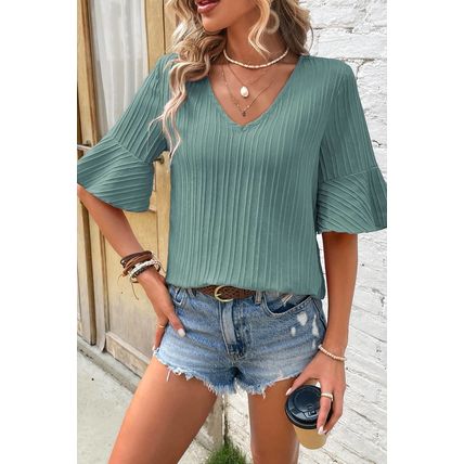 Grass Green Ruffled Half Sleeve V Neck Textured Top