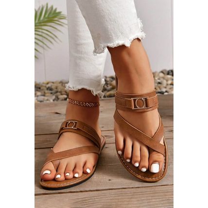 Chestnut Cross Toe Metal Buckle Leathered Flat Slippers