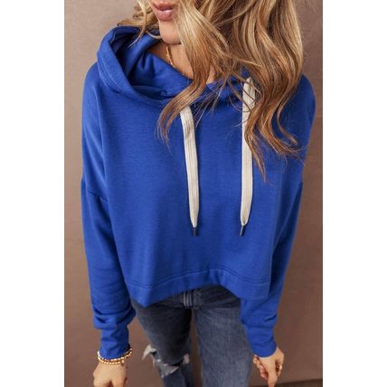 Dark Blue Solid Drop Shoulder Drawstring Cropped Hoodie