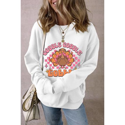 White Gobble Gobble Turkey Graphic Crewneck Thanksgiving Sweatshirt