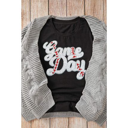 Black Sequin Game Day Graphic Crew Neck Tee