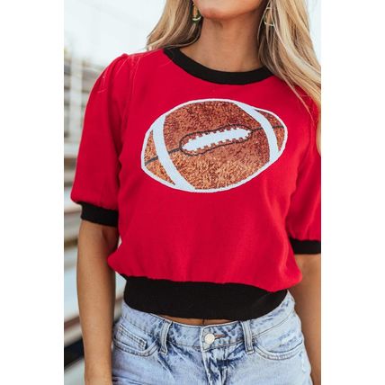 Red Sequin Rugby Color Block Puff Short Sleeve Sweater