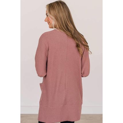Mineral Red Solid Color Waffle Knit Cardigan with Pocket