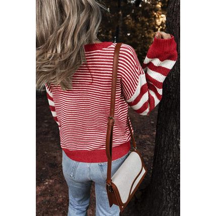 Red Stripe Geometric Textured Drop Shoulder Sweater