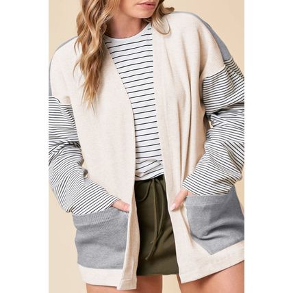 Black Stripe Colorblock Patchwork Open Front Cardigan with Pocket