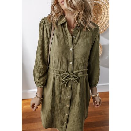 Jungle Green Textured Bracelet Sleeve Collared Button Up Dual Tied Mini Dress