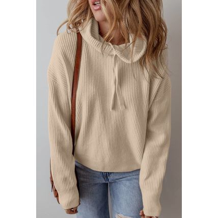 Beige Solid Color Drawstring Hooded Drop Shoulder Pullover Sweater
