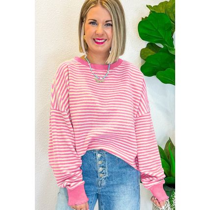 Pink Stripe Loose Drop Shoulder Long Sleeve Top