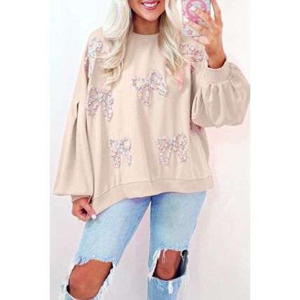 Parchment Embroidered Bow Lantern Sleeve Oversized Pullover Sweatshirt
