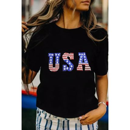 Black USA Stars and Stripes Crew Neck Graphic Tee