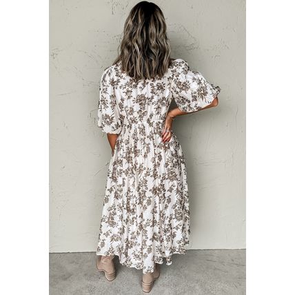 Khaki Floral Puff Sleeve V Neck Buttoned Front Maxi Dress
