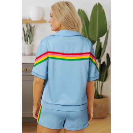 Sky Blue Rainbow Colorblock Collared Short Sleeve Top 2 Piece Shorts Set