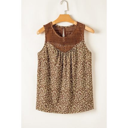 Brown Eyelet Knit Yoke Patchwork Printed Flowy Fit Tank Top