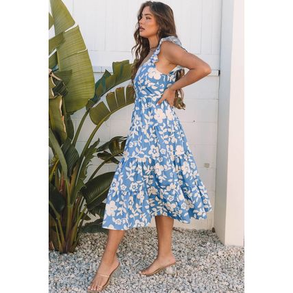 Sky Blue Floral U Neck Flutter Shoulder Tiered Flowy Midi Dress