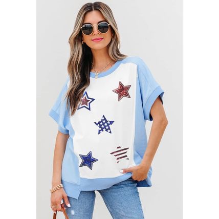 Sky Blue Patriotic Star Patched Colorblock T Shirt