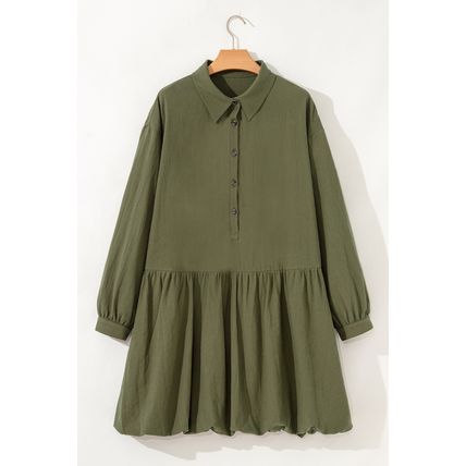 Four Leaf Clover Plus Size Collar Half Button Long Sleeve Ruffle Hem Mini Dress