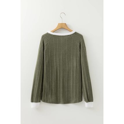 Moss Green Ribbed Contrast Cuffed Round Neck Long Sleeve T Shirt