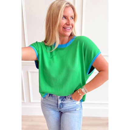 Green Contrast Trim Round Neck Short Sleeve Loose Knit Sweater