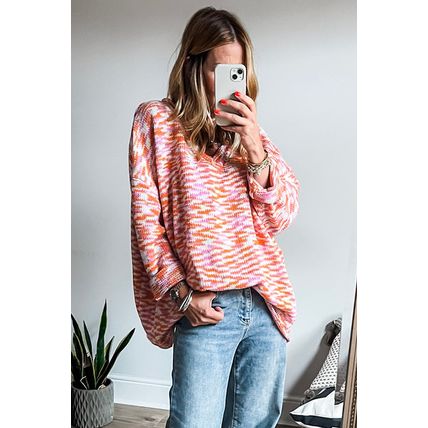 Orange Vibrant Abstract Print Drop Shoulder V Neck Tunic Oversized Sweater