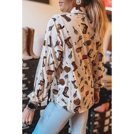 White Western Fashion Print Button Up Casual Shirt
