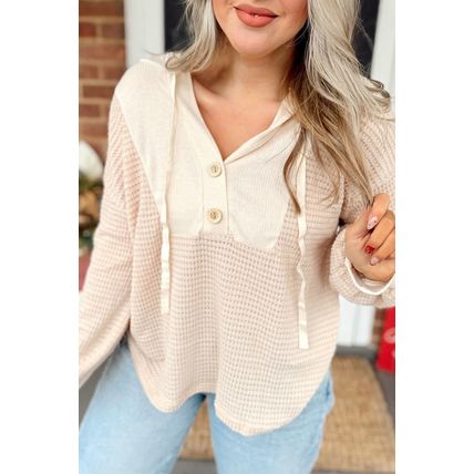Oatmeal Waffle Patchwork Drop Shoulder Hooded Long Sleeve Top