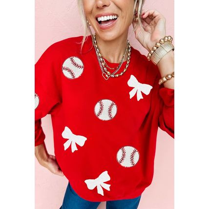 Red Sequin Baseball Bow Patched Pattern Game Day Pullover Sweatshirt