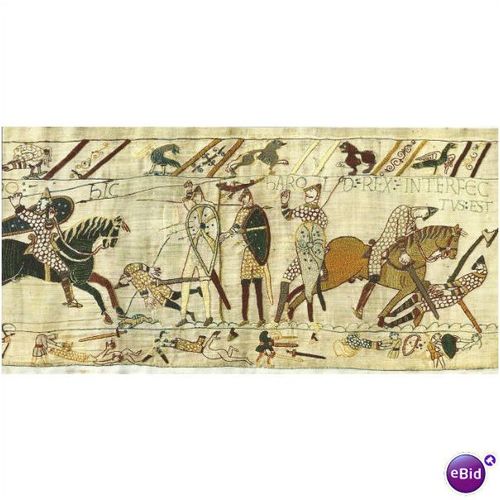 Bayeux Tapestry: detail: Harold dies after being shot in the eye.