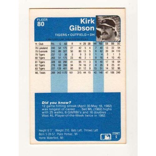 1984 Fleer Kirk Gibson baseball card #80- NM- Tigers