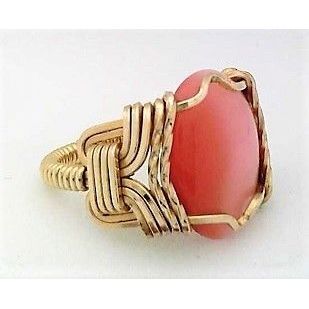 Pink Cat Eye Glass Gold Wire Wrap Gemstone Ring sz 4