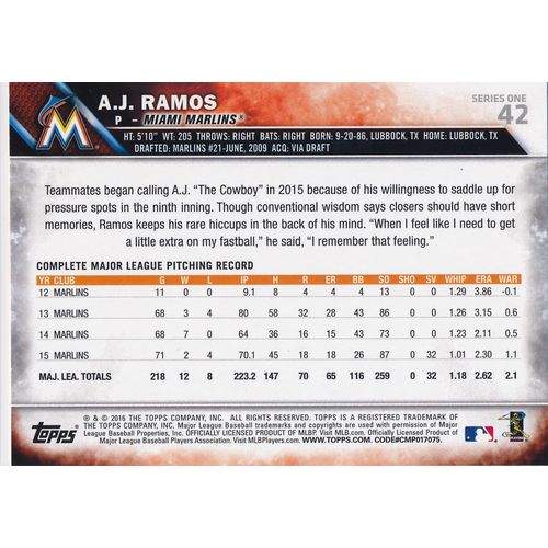 2016 Topps Baseball 42 A.J. Ramos Miami Marlins