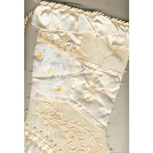 Creamy Off White Quilted, Beaded & Embroidered Ruffled Cuff Christmas Stocking