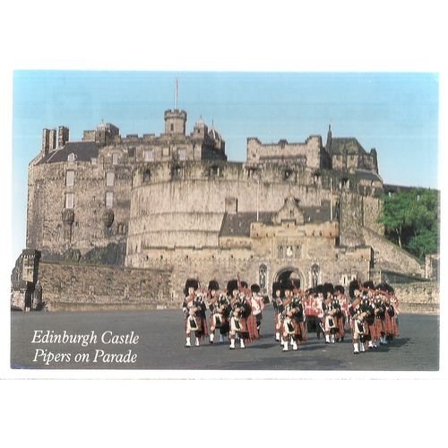 PIPERS ON PARADE, EDINBURGH CASTLE, SCOTLAND. vintage unused postcard /