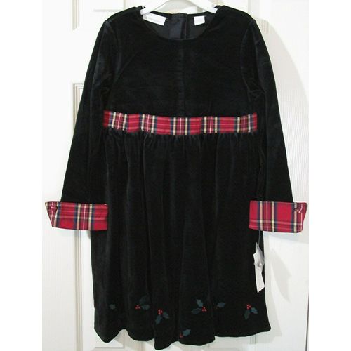 NWT Charter Club Girl's Black Velvet with Red Plaid Trim Holiday Dress, 6