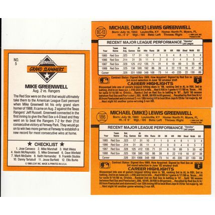 Three 1989 Donruss Mike Greenwell cards 186, inserts BC-13, Grand Slammers 5