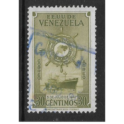 VENEZUELA 1948 30c OLIVE MERCHANT MARINE FREIGHTER SG 796 FINE USED#2