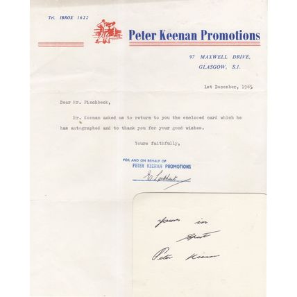 Peter Keenan Scottish Boxer 1965 Hand Signed Letter & Card