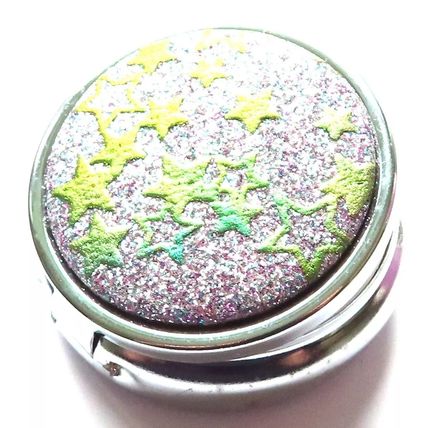 Green Glitter Stars Pill Box Round 2 CM Collectable Storage Gift
