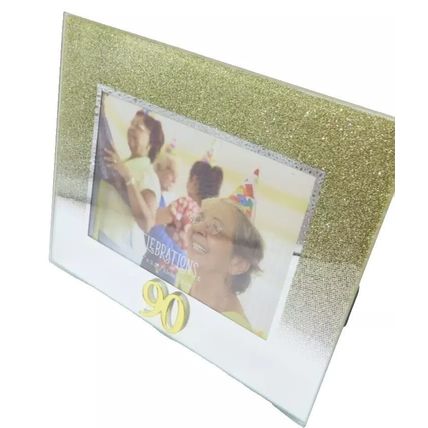 90th Birthday Photo Frame 14 CM Golden Glitter Home Decor Picture Freestanding