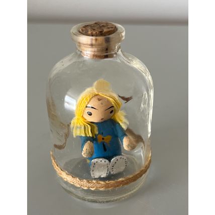 WOODEN GIRL DOLL IN GLASS BOTTLE MINIATURE