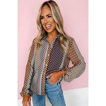Brown Dot Print Long Sleeve Button Down Shift Shirt