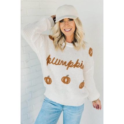 White Pumpkin Yarn Stitch Ribbed Knit Sweater