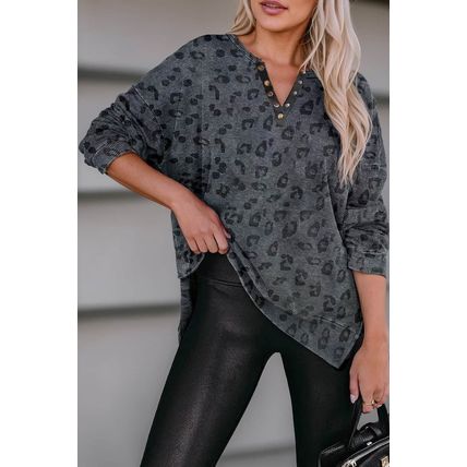 Gray Leopard Print Button Split Neck Waffle Sweatshirt