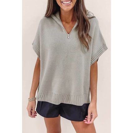 Light Grey Quarter Zip Short Batwing Sleeve Sweater