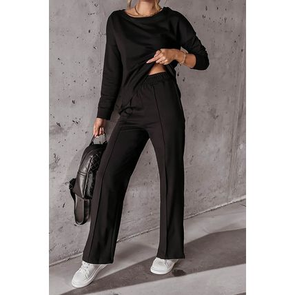 Black Solid Pullover and Seamed Casual Pants Set