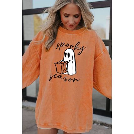 Orange Spooky Season Ghost Print Ribbed Pullover Sweatshirt