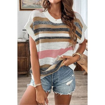 Pink Stripe Color Block Eyelet Knit Short Sleeve Sweater Tee