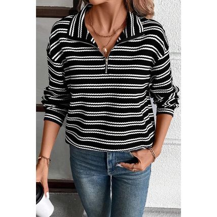Black Stripe Textured Quarter Zip Collar Long Sleeve Top
