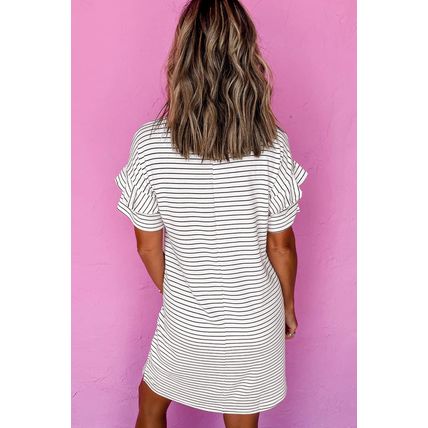 White Stripe Ruffled Short Sleeve Crew Neck T Shirt Shift Mini Dress